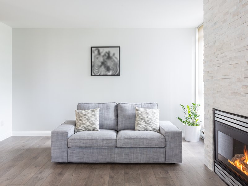 living room with sofa and fireplace